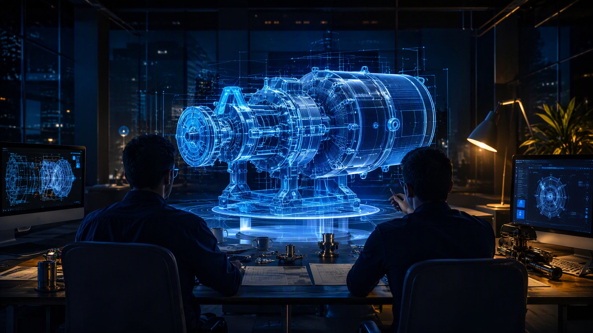 L'équipe MJA Engineering en revue de conception autour d'une maquette 3D holographique