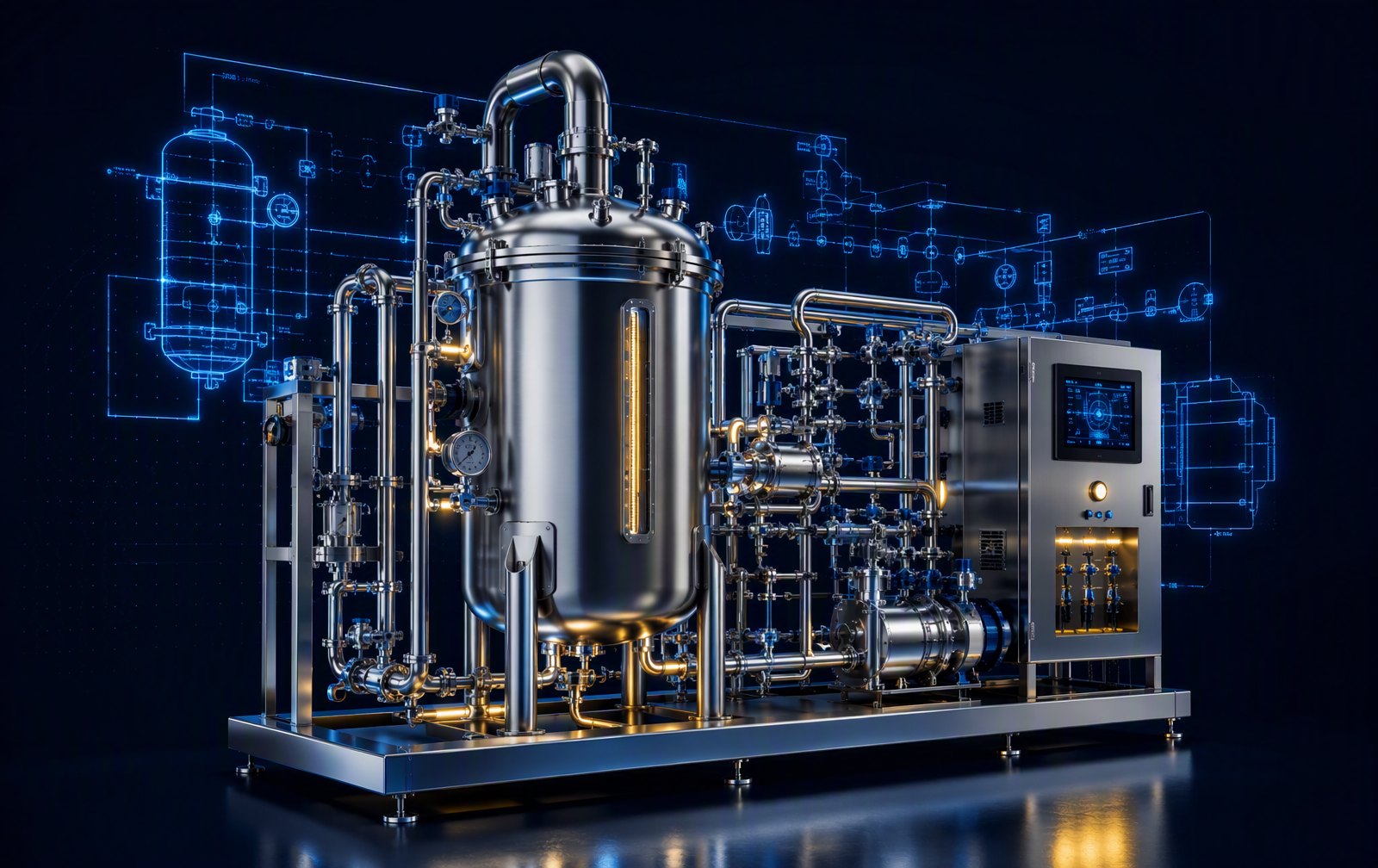 Skid process pharmaceutique — bioréacteur et tuyauterie inox